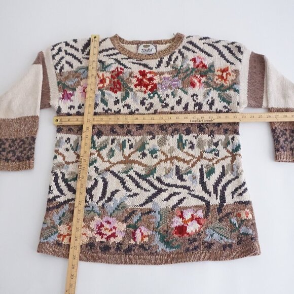 Vintage Tiara Cream Brown Knit Floral Knit Cotton Blend Crewneck Sweater XL - Picture 5 of 13